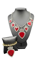 Load image into Gallery viewer, &quot;Queen of Hearts&quot; Red and Silver Tone Necklace and Bracelet Jewelry Set
