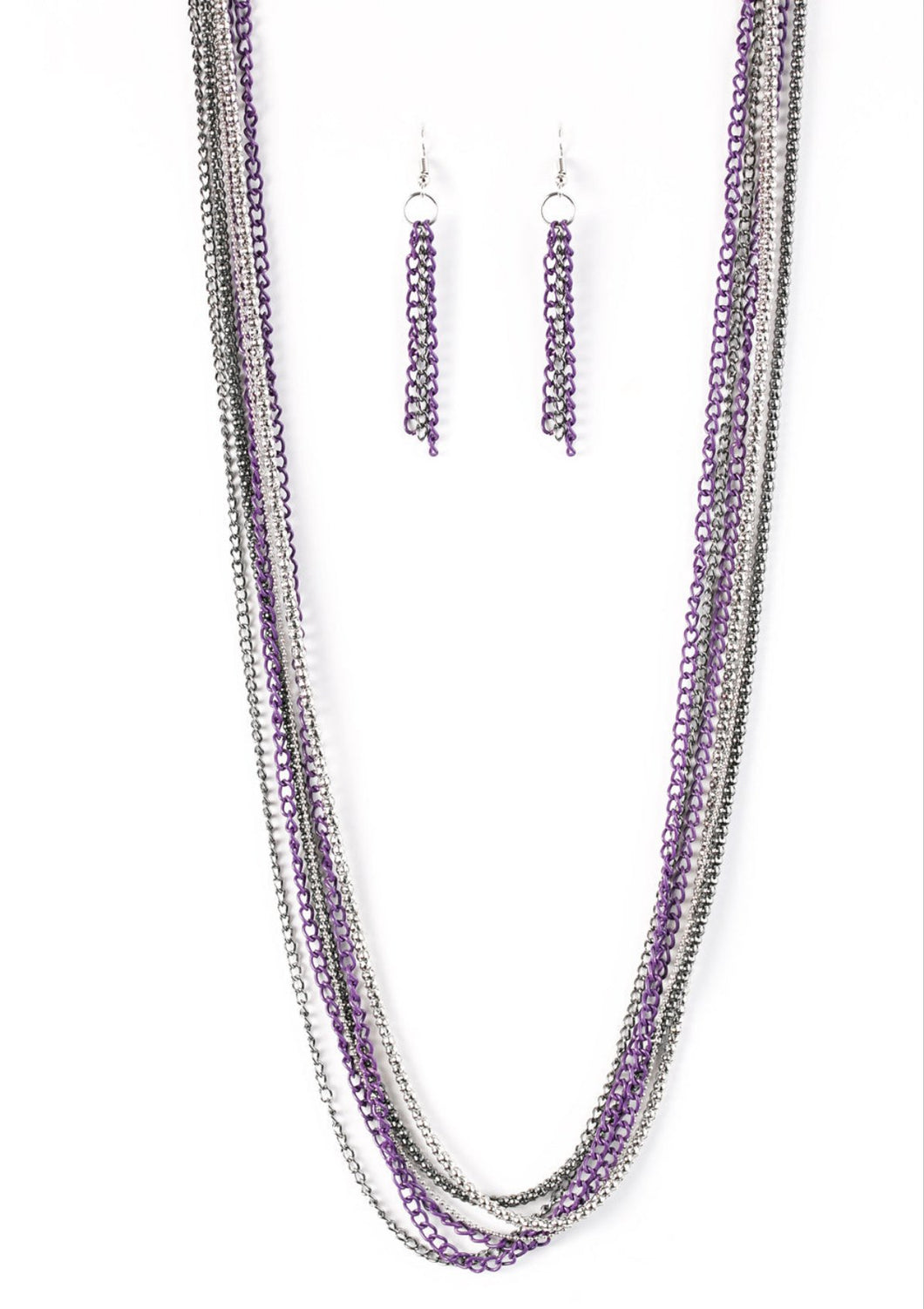 Colorful Calamity Purple and Silver Necklace and Earrings