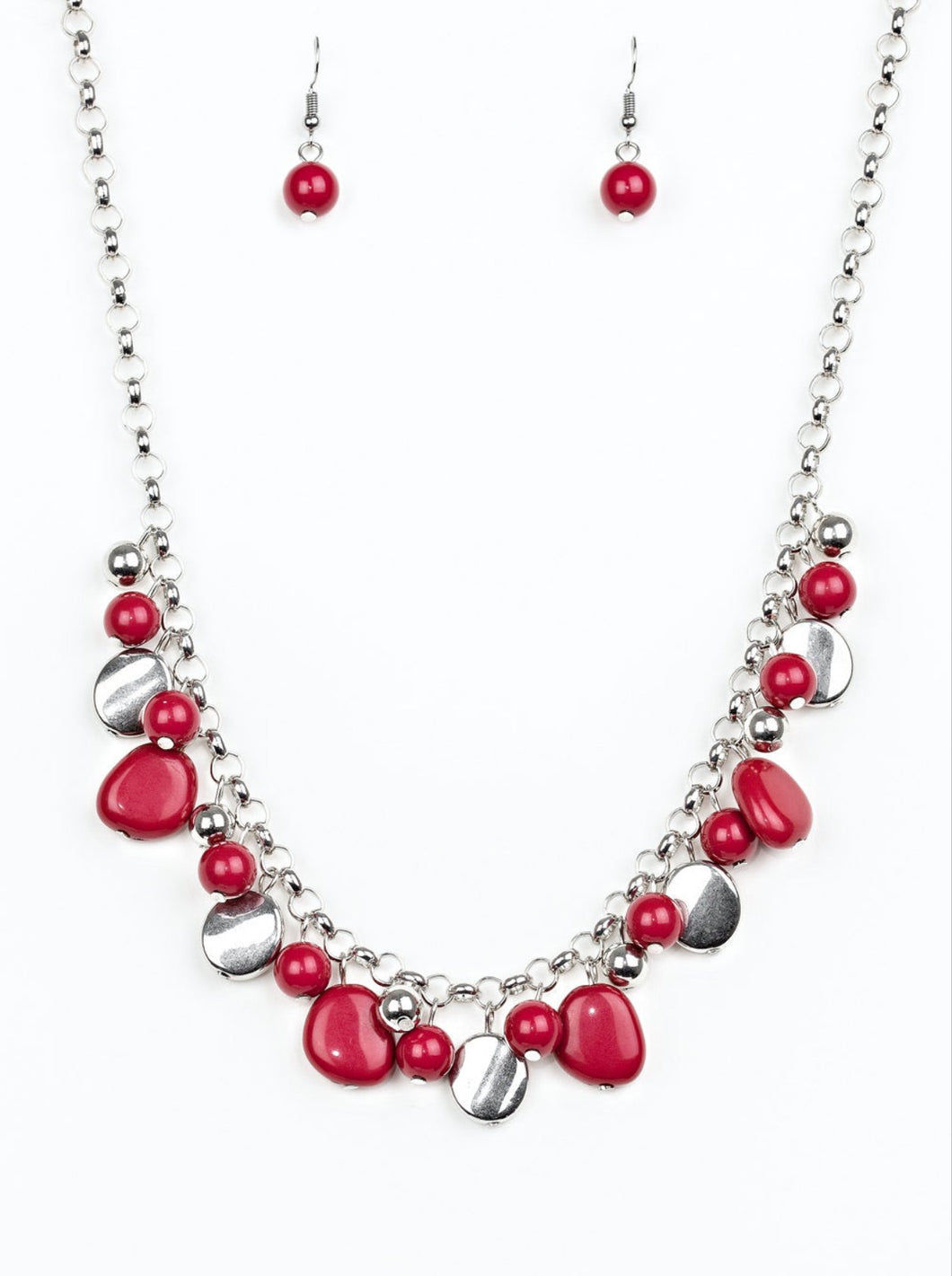 Flirtatiously Florida Red and Silver Necklace and Earrings