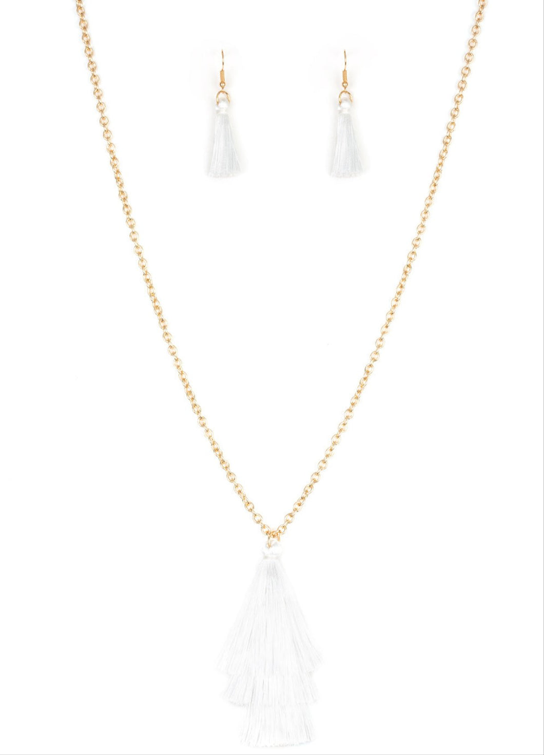 Triple The Tassel White Necklace and Earrings
