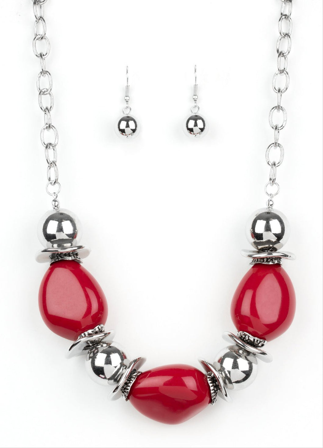 Vivid Vibes Red and Silver Necklace and Earrings